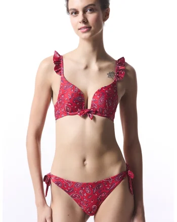 Sutien de baie cu burete si model, Rosu inchis/Albastru