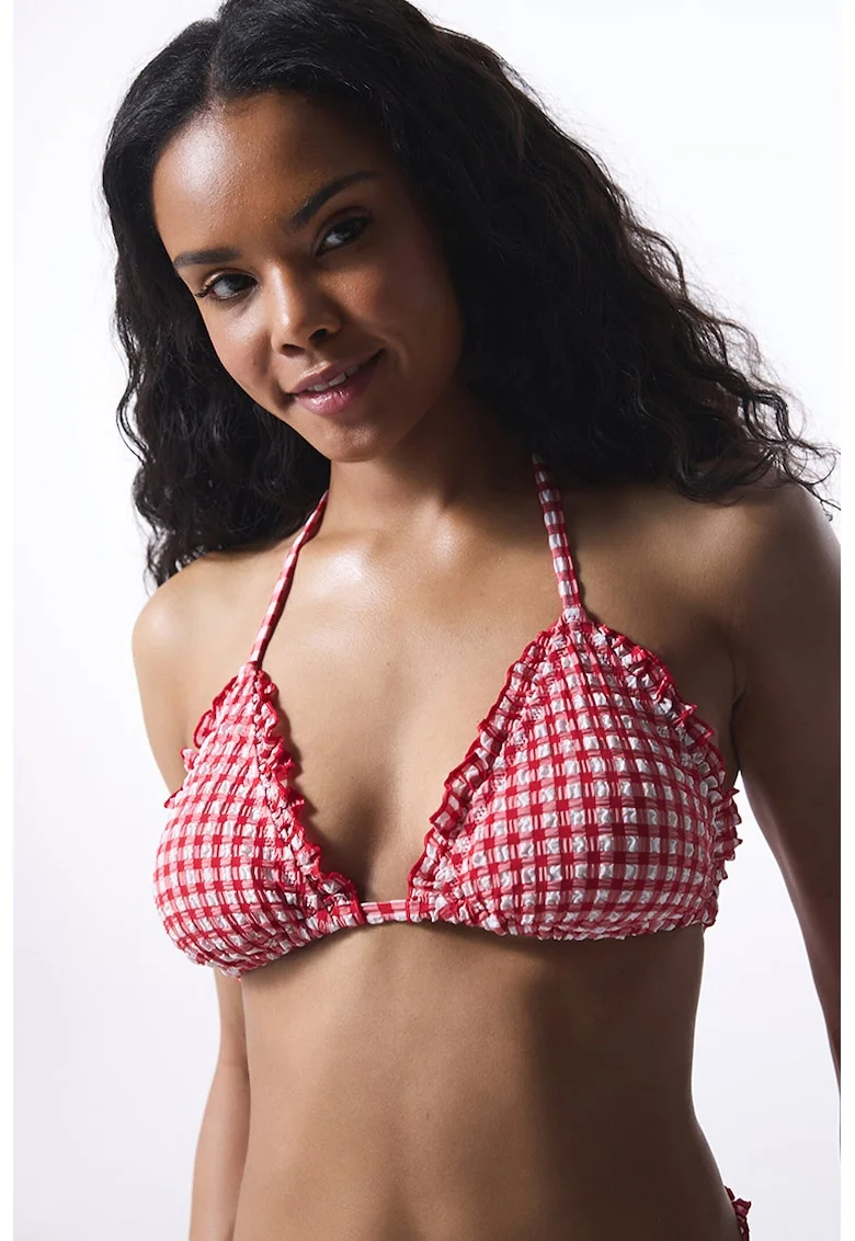 Sutien de baie cu model in carouri, Rosu/Alb optic