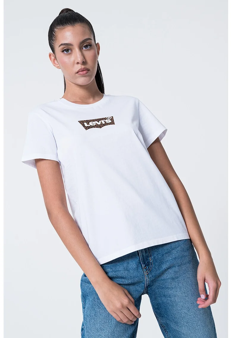 Tricou de bumbac cu decolteu la baza gatului, Alb optic