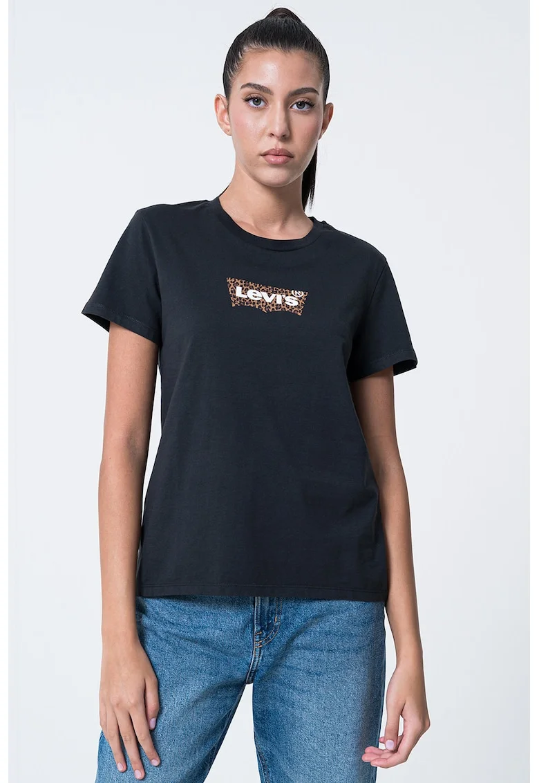 Tricou de bumbac cu decolteu la baza gatului, Maro inchis/Negru