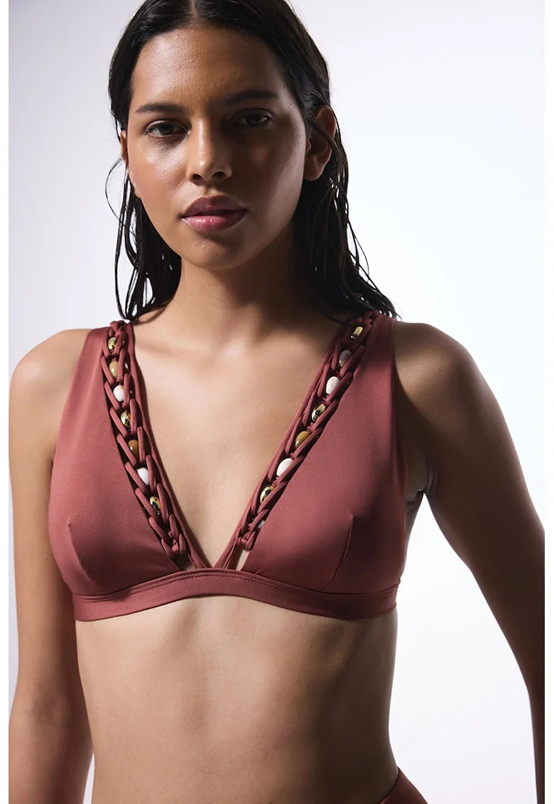 Sutien de baie cu margele decorative, Maro cognac