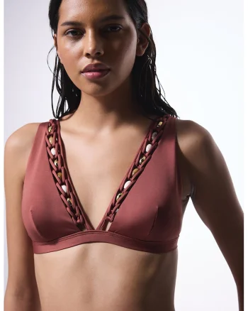 Sutien de baie cu margele decorative, Maro cognac