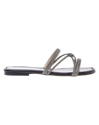 Papuci de piele slip-on cu strasuri si toc, Negru