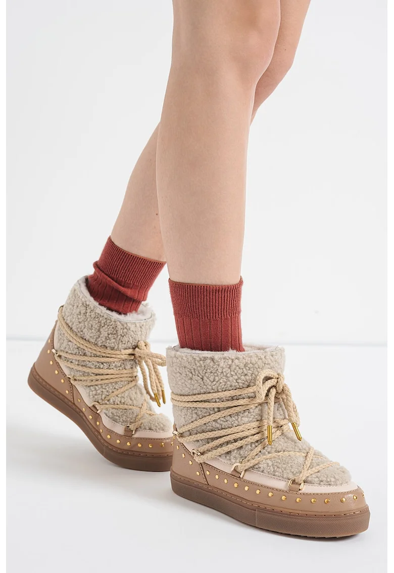 Ghete slip-on de piele cu logo brodat, Gri/Maro deschis