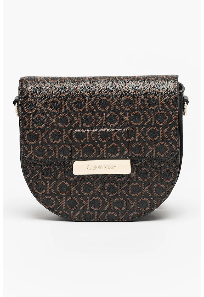 Geanta crossbody de piele ecologica cu imprimeu logo, Maro inchis