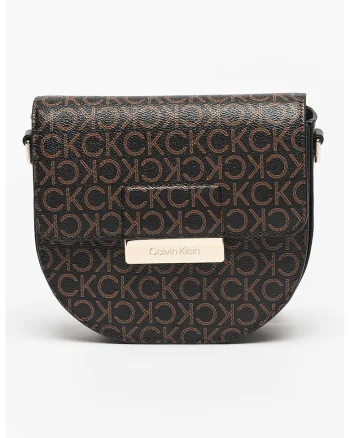 Geanta crossbody de piele ecologica cu imprimeu logo, Maro inchis
