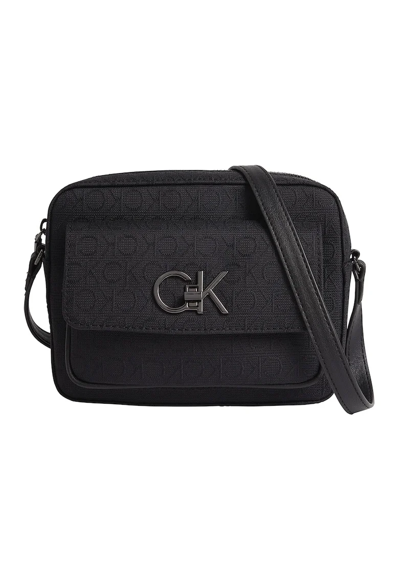 Geanta crossbody cu aplicatie logo metalica, Negru