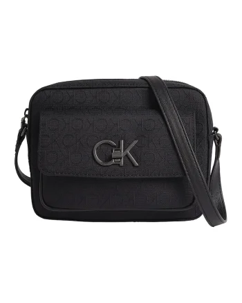 Geanta crossbody cu aplicatie logo metalica, Negru