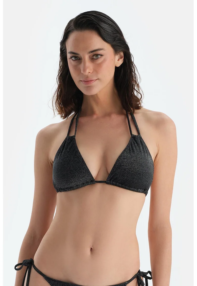 Sutien cu cupe triunghiulare, aplicatii decorative si aspect stralucitor, Negru