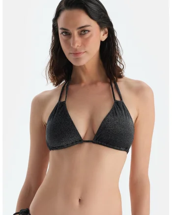 Sutien cu cupe triunghiulare, aplicatii decorative si aspect stralucitor, Negru