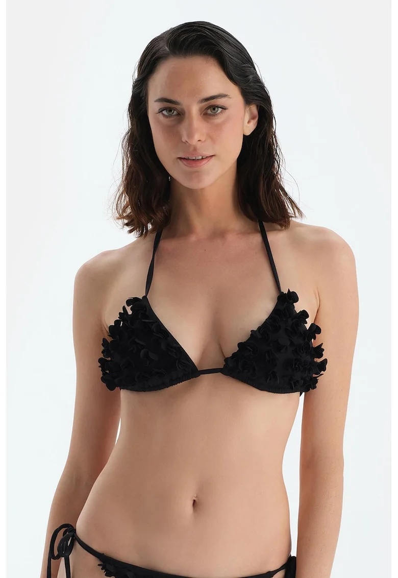 Sutien cu cupe triunghiulare si aplicatii florale, Negru