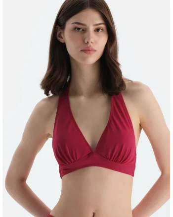 Sutien de baie cu burete si decolteu halter, Rosu stins