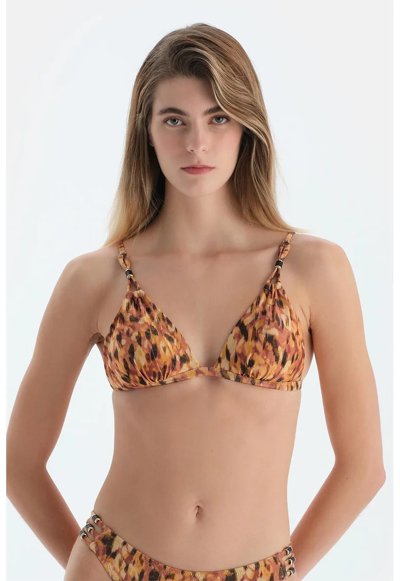 Sutien cu cupe triunghiulare si model, Negru/Maro/Portocaliu