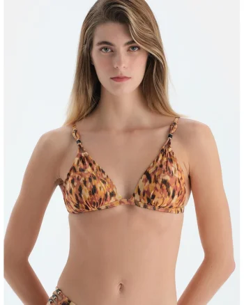 Sutien cu cupe triunghiulare si model, Negru/Maro/Portocaliu