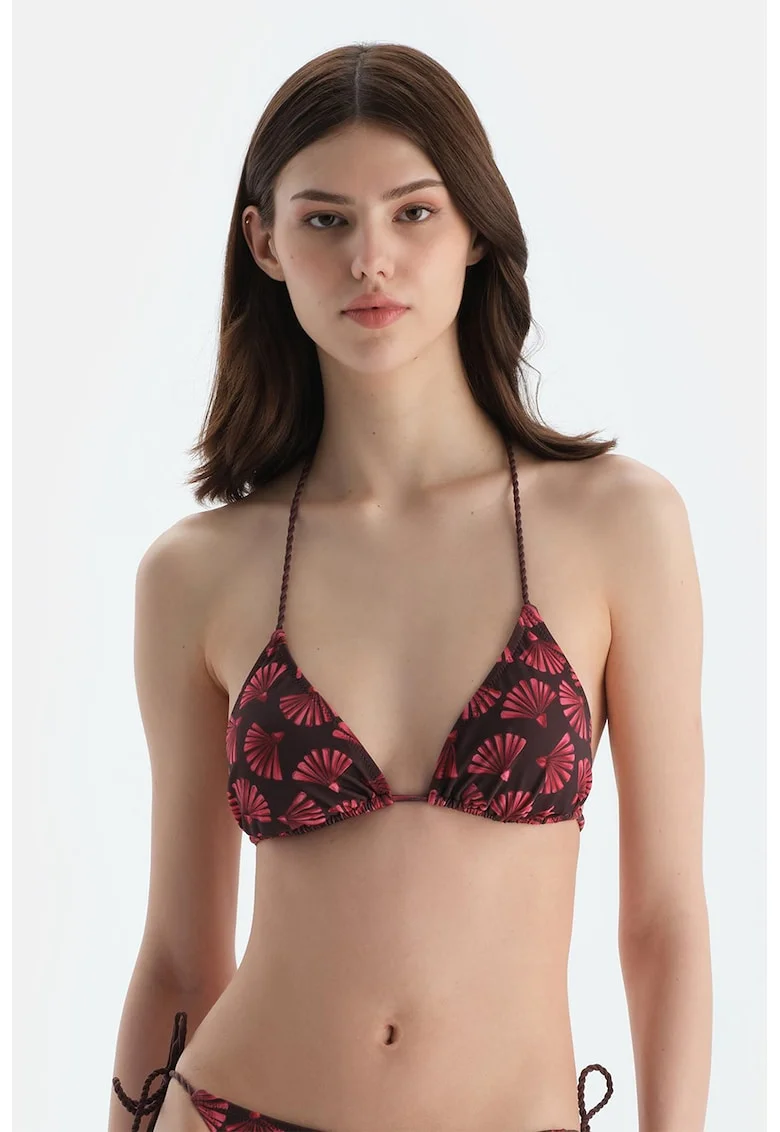Sutien de baie cu cupe triunghiulare si model, Maro/Roz zmeuriu