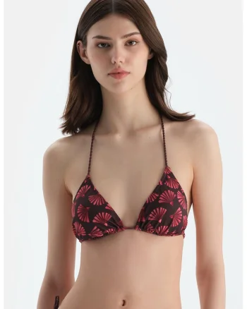 Sutien de baie cu cupe triunghiulare si model, Maro/Roz zmeuriu