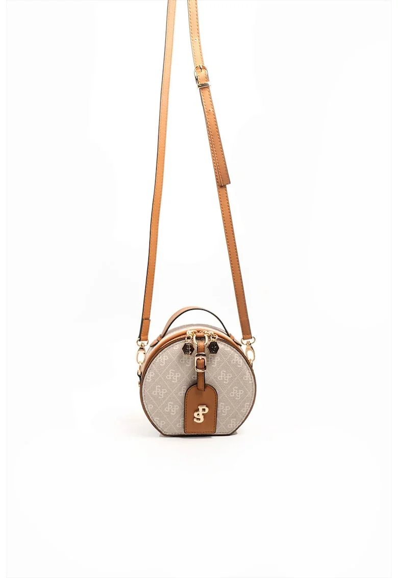 Geanta crossbody cu fermoar si model, Bej inchis/Caramel