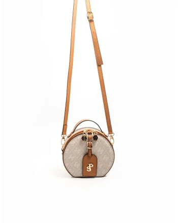 Geanta crossbody cu fermoar si model, Bej inchis/Caramel