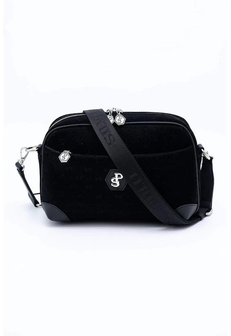 Geanta crossbody cu buzunare cu fermoar, Negru