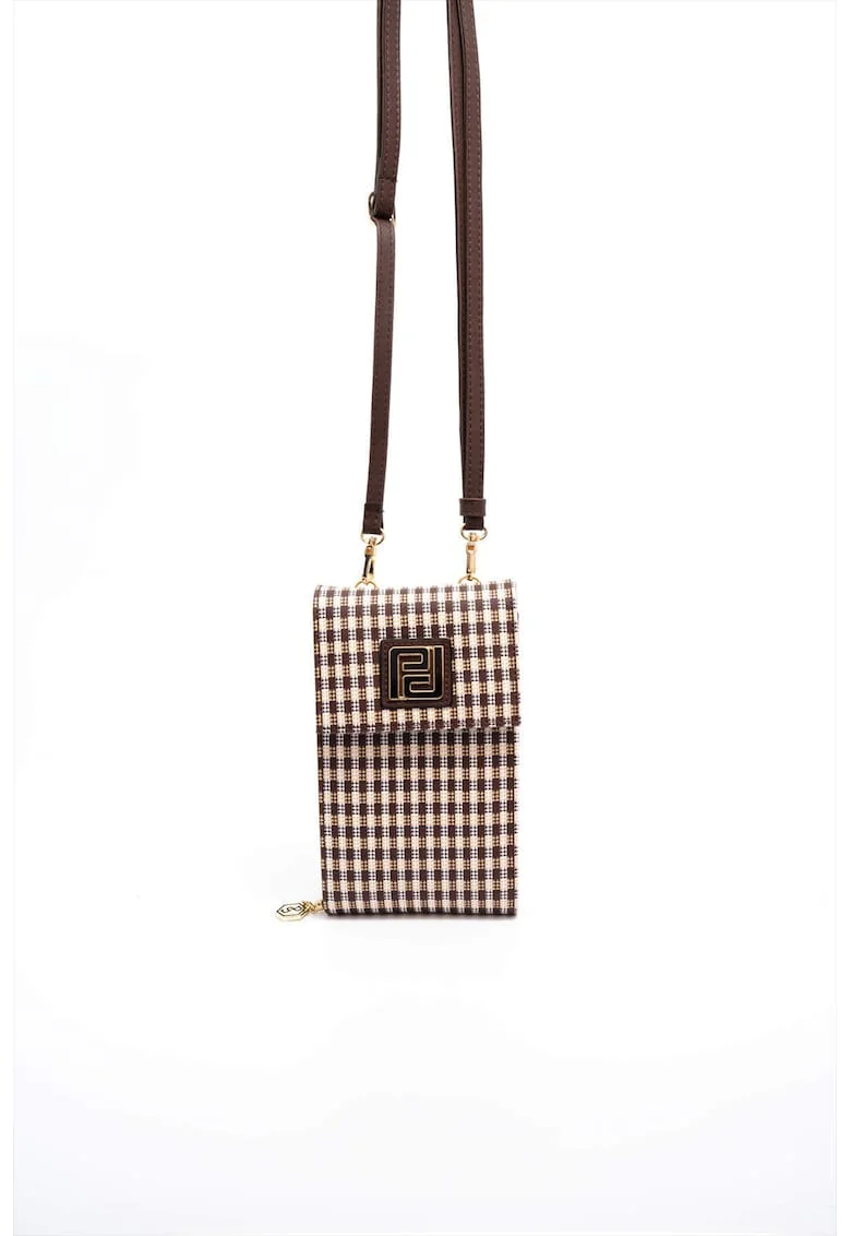 Geanta crossbody din piele ecologica cu model in carouri, Maro inchis/Bej deschis