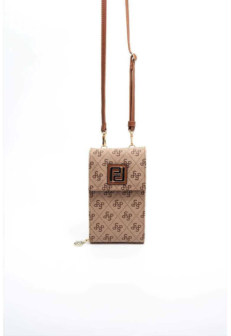 Geanta crossbody din piele ecologica cu model logo, Caramel/Bej deschis