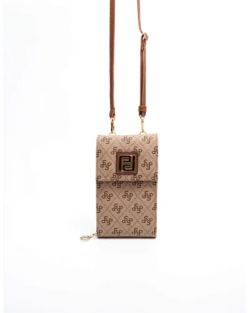 Geanta crossbody din piele ecologica cu model logo, Caramel/Bej deschis