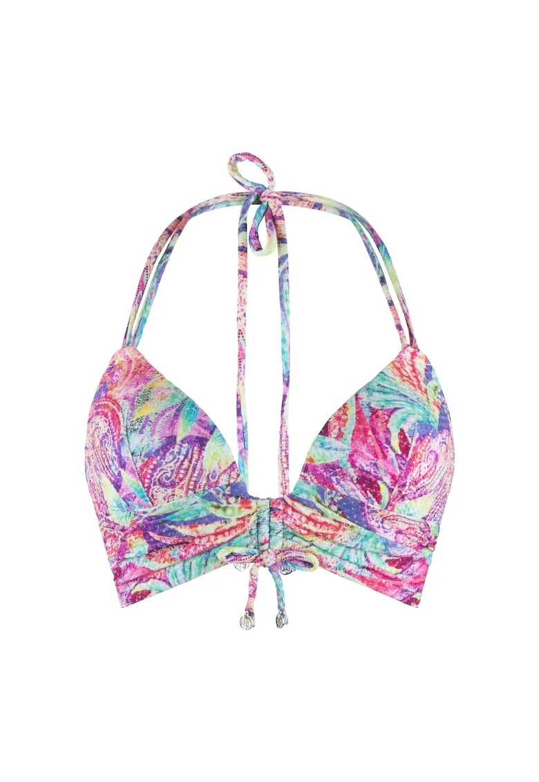 Sutien de baie cu cupe triunghiulare si imprimeu floral, Multicolor