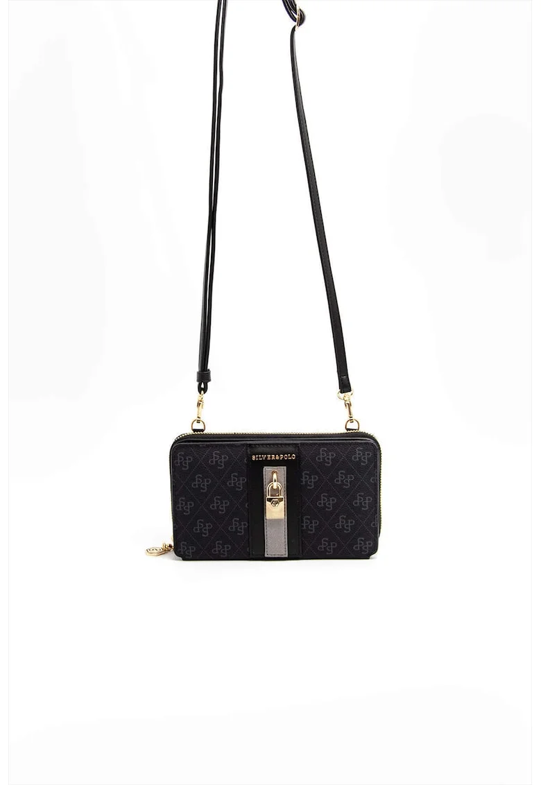 Geanta crossbody din piele ecologica cu model, Negru, Negru, 11x19x5