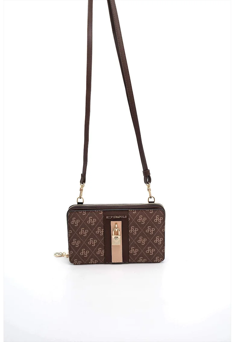 Geanta crossbody din piele ecologica cu model, Maro, Maro inchis, 11x19x5