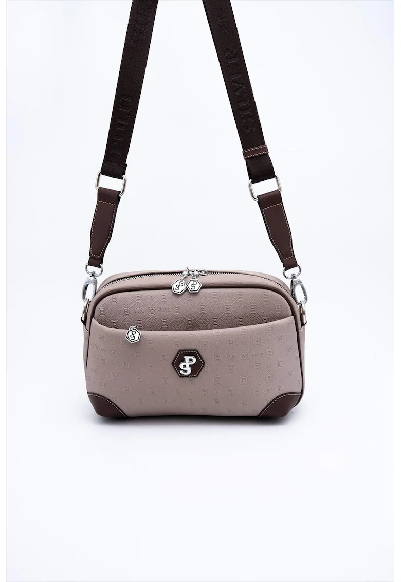 Geanta crossbody din piele ecologica, Maro inchis, Maro inchis/Roz prafuit, 18x27x7