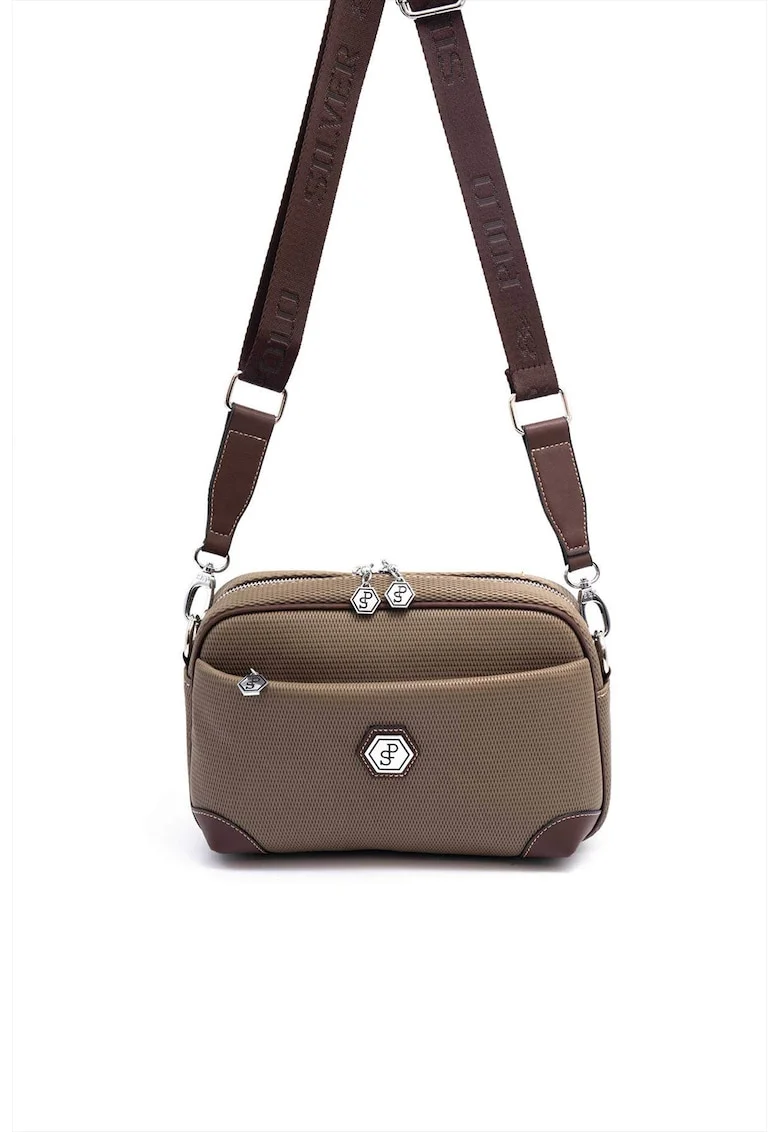 Geanta crossbody din piele ecologica, Maro inchis, Maro inchis/Kaki, 18x27x7