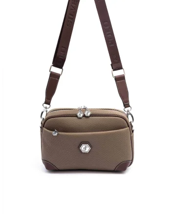 Geanta crossbody din piele ecologica, Maro inchis, Maro inchis/Kaki, 18x27x7