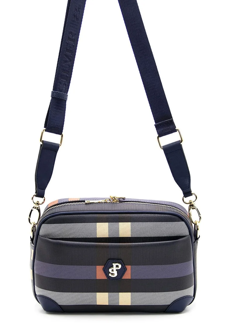 Geanta crossbody de piele ecologica in carouri, Albastru ultramarin