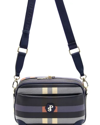 Geanta crossbody de piele ecologica in carouri, Albastru ultramarin