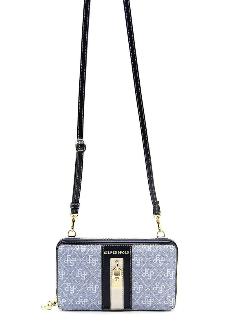 Geanta crossbody din piele ecologica cu monograma, Negru/Albastru deschis