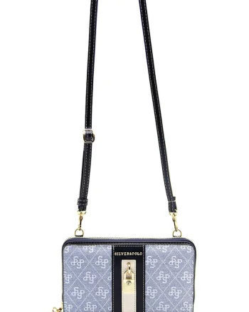 Geanta crossbody din piele ecologica cu monograma, Negru/Albastru deschis