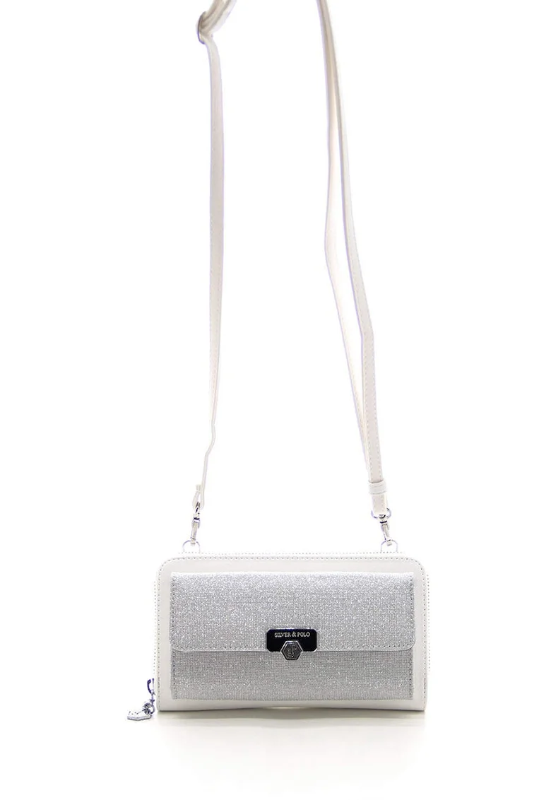 Geanta crossbody din piele ecologica cu aspect stralucitor, Alb/Argintiu