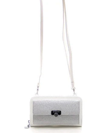 Geanta crossbody din piele ecologica cu aspect stralucitor, Alb/Argintiu