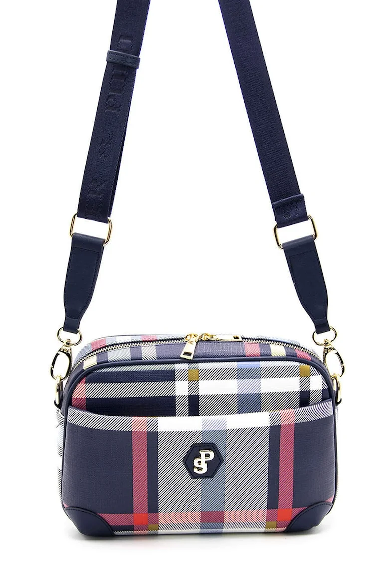 Geanta crossbody in carouri, Alb/Bleumarin