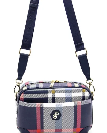 Geanta crossbody in carouri, Alb/Bleumarin