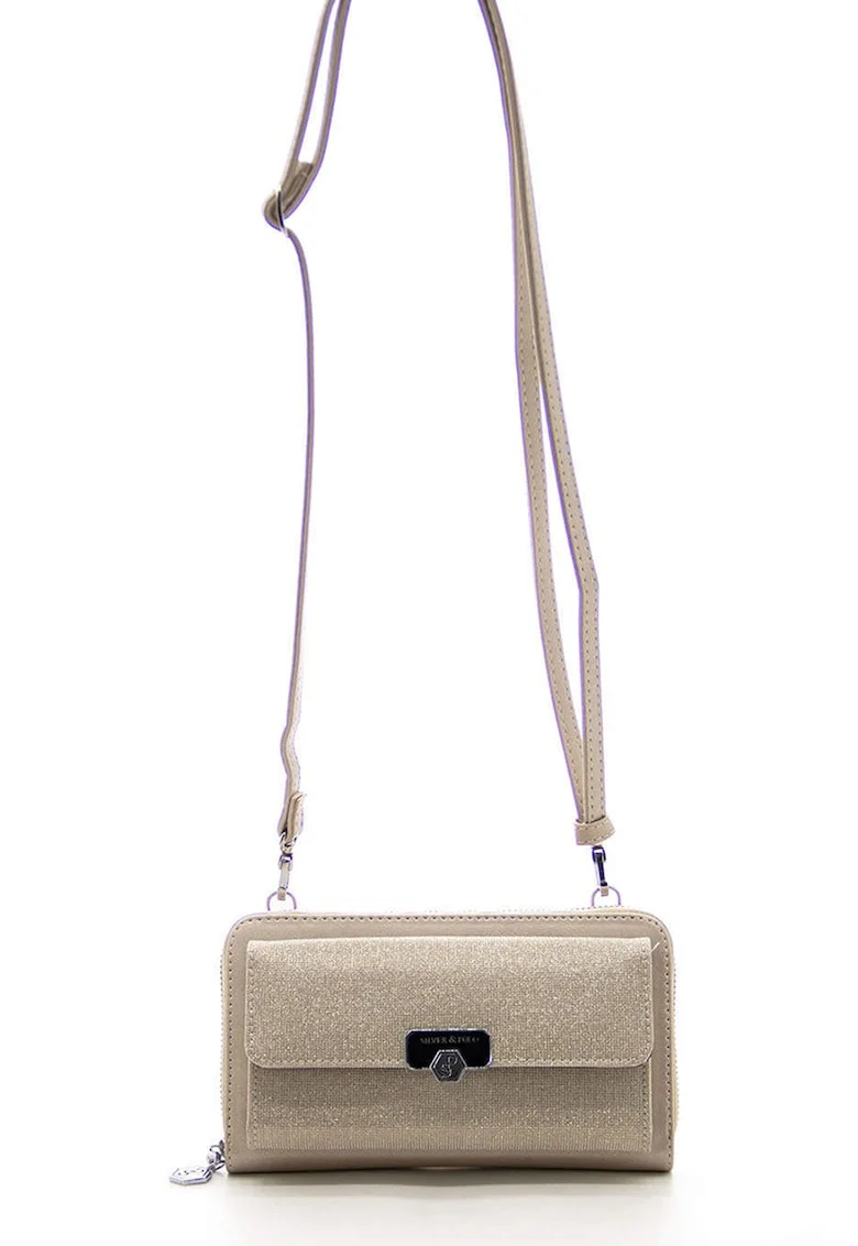 Geanta crossbody din piele ecologica cu aspect stralucitor, Bej