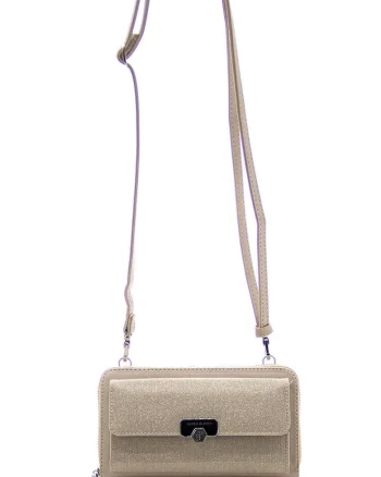 Geanta crossbody din piele ecologica cu aspect stralucitor, Bej