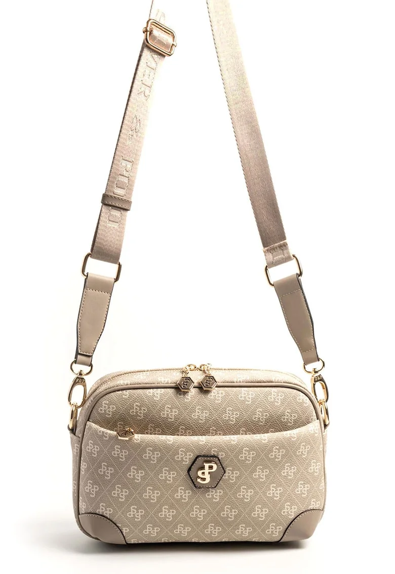 Geanta crossbody cu model logo, Maro taupe deschis