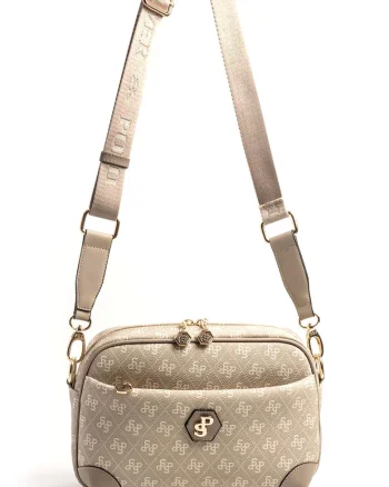 Geanta crossbody cu model logo, Maro taupe deschis