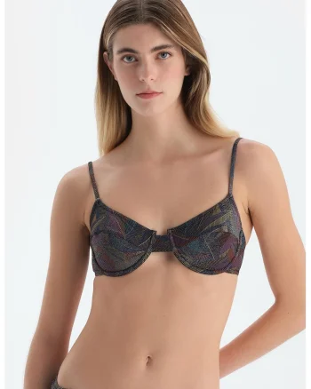 Sutien de baie cu model, Albastru inchis/Kaki inchis