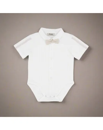 Body cu maneca scurta, cu guler si papion  - Party, Ecru, pentru baietei, Ecru