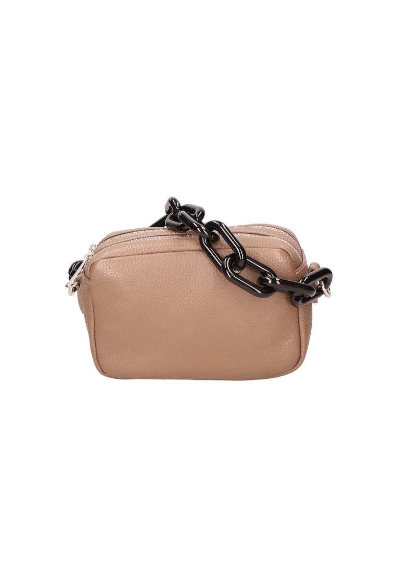 Geanta crossbody de piele cu maner lant, Maro taupe