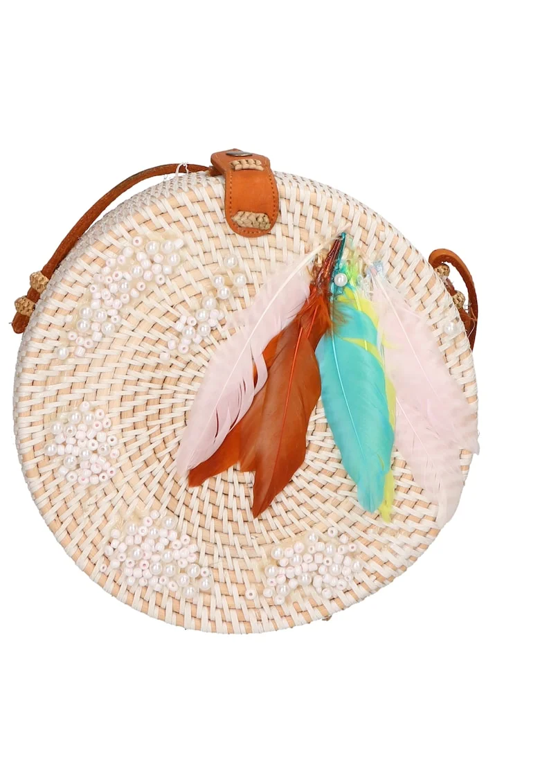 Geanta crossbody din paie, Alb/Turcoaz/Bej