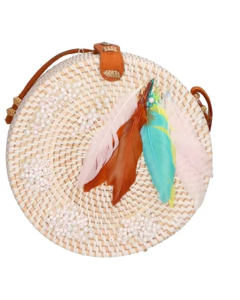Geanta crossbody din paie, Alb/Turcoaz/Bej