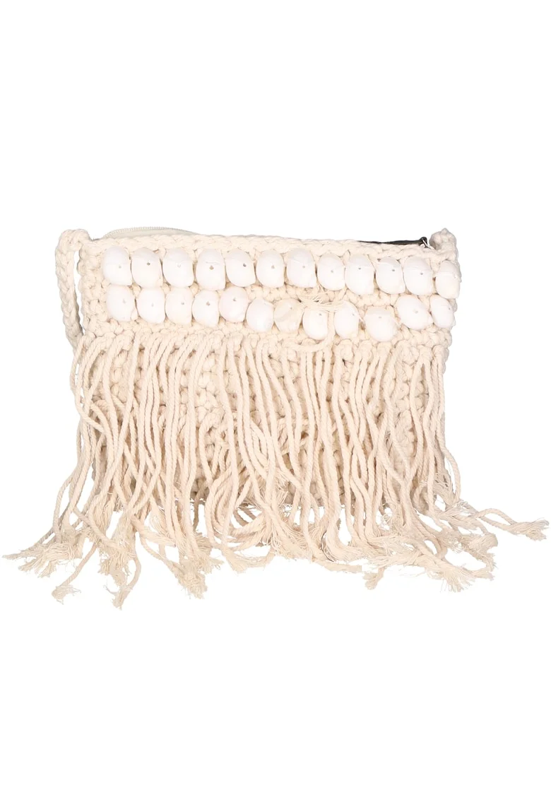 Geanta crossbody tesuta, cu franjuri, Bej